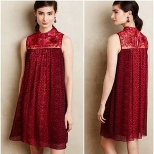 Anthropologie Niki Tlanapan Amara Embroidered Yoke High Neck Dress Red Size 4
